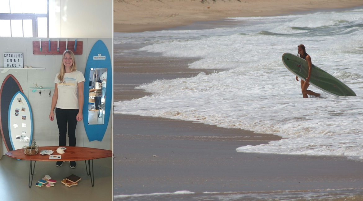 Asia Design Miniatur Surfboard Dekosurfboard Surfbrett Holz Wellenreiten Höhe 20 cm inkl Holzständer Dekoration Nr 7